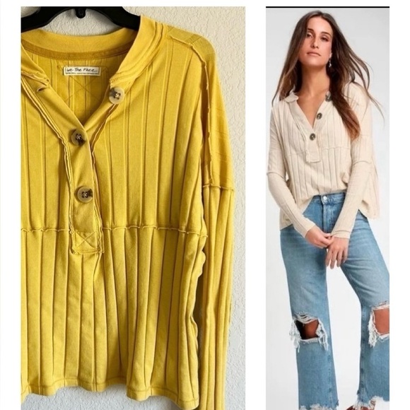 We The Free- Free People In The Mix Raw Edge Washed Henley Yellow XS - Picture 1 of 9